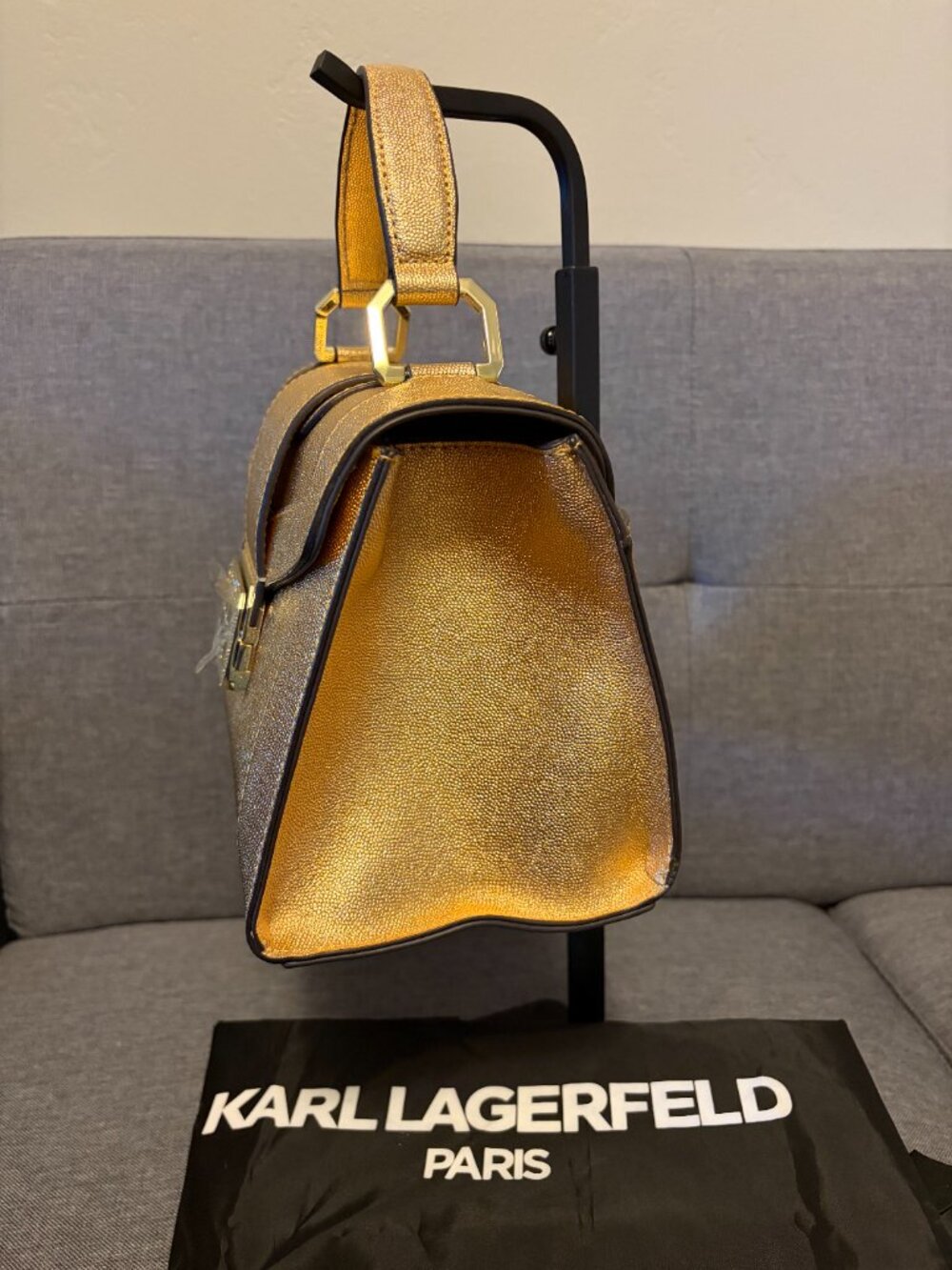 Karl Lagerfeld Paris Gold Satchel Top Handle Metallic Bag NWOT Strap Dust Bag - Picture 2 of 9